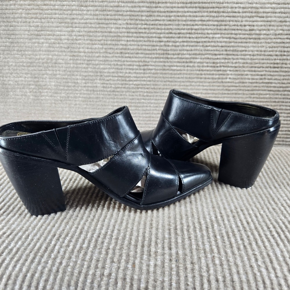 Vince Camuto Womens 7M‎ Black Leather Aimie Cutout Block Heel Mules